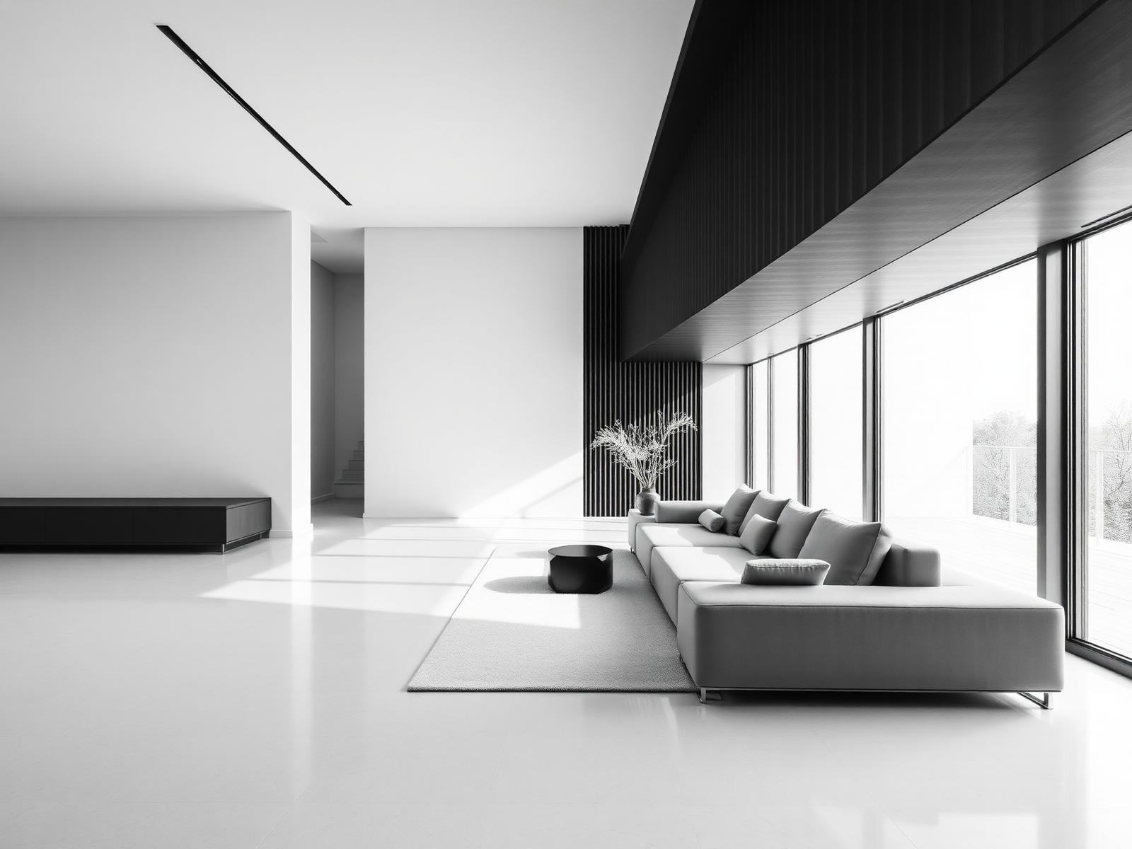 Bright modern living room with a grey sectional sofa, low coffee table and floor-to-ceiling windows